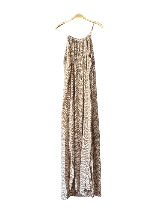 Robe longue dos nu en viscose à motif graphique camel et écru – l'essence du style contemporain, avec un design épuré et des motifs graphiques qui apportent une touche d'originalité à votre garde-robe.